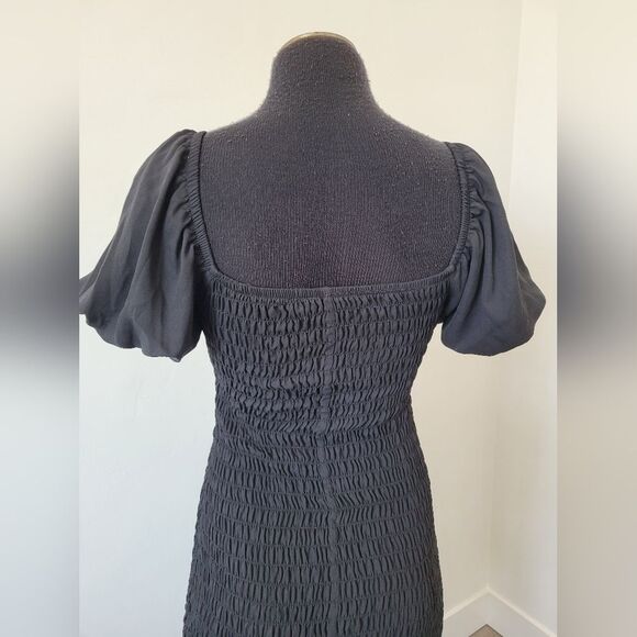 Trixxi Black Smocked Ruched Midi Dress Puff Sleeves Ruffle Vamp Witch Whimsigoth - Picture 7 of 12